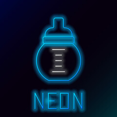 Canvas Print - Glowing neon line Baby milk in a bottle icon isolated on black background. Feeding bottle icon. Colorful outline concept. Vector