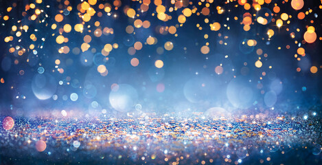 Wall Mural - abstract christmas lights on shiny glitter in blue night