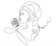 Young African woman singing in a retro microphone and smoking. Continuous one line drawing. Vector illustration.