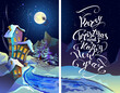 Christmas  houses Merry Christmas and Happy New Year. Lettering . House with snow-covered roofs and shining Windows.Lunar, starry, Christmas night.  Santa Claus is passing by in his sleigh.