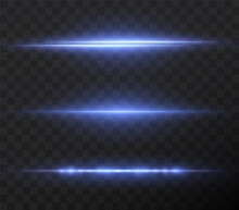 Blue Horizontal Lens Flares Pack. Laser Beams, Horizontal Light Rays.Beautiful Light Flares. Glowing Streaks On Dark Background. Collection Effect Light Blue Line Png.	
