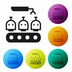 Poster - Black Robotic arm assemble line mechanic manufacturing factory robot operator production icon isolated on white background. Set icons in color circle buttons. Vector