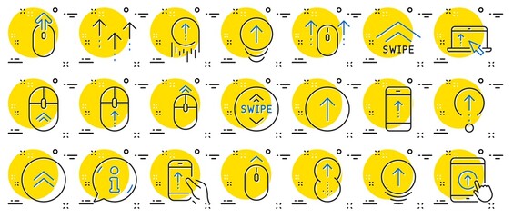 Poster - Swipe up line icons. Scrolling mouse, landing page swipe signs. Scroll up mobile device technology icons. Website scroll navigation. Tablet pc or smartphone symbols. Phone scrolling. Vector