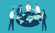 Business plan. The team stands around the Earth map and discusses the business strategy. Vector illustration.