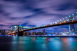 Manhattan panoramic skyline at night with Brooklyn Bridge. New York City, USA. Office buildings and skyscrapers at Lower Manhattan (Downtown Manhattan)..