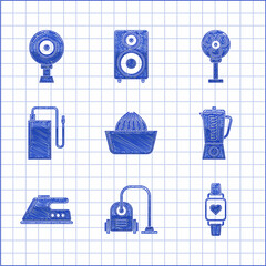 Poster - Set Citrus fruit juicer, Vacuum cleaner, Smart watch showing heart beat rate, Blender, Electric iron, Power bank with different charge cable, fan and Web camera icon. Vector