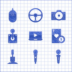 Sticker - Set Online play video, Microphone, Joystick for arcade machine, Casino chip and playing cards, Shovel the ground, Photo camera and Computer mouse icon. Vector