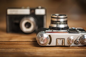 Wall Mural - Detail view of classic cameras in monochrome vintage style