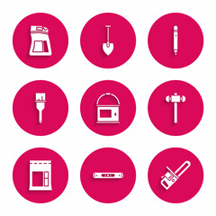 Poster - Set Paint bucket, Construction bubble level, Chainsaw, Sledgehammer, Cement bag, brush, Pencil with eraser and icon. Vector