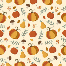 Autumn Seamless Pattern With Pumpkins, Mushrooms, Apples And Leaves. Vector Illustration