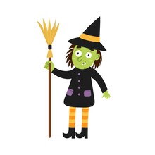 Cute Witch With A Broom. Halloween Character Isolated Element. Funny Witch In Cartoon Style For Kids Design. Vector Illustration