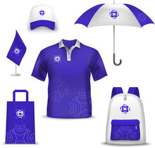 Promotional And Advertising Layouts Of An Umbrella, T-shirt, Bag, Flag, Cap