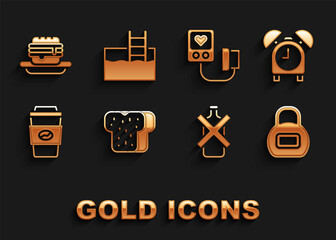 Sticker - Set Bread toast, Alarm clock, Kettlebell, No alcohol, Coffee cup go, Blood pressure, Junk food and Swimming pool with ladder icon. Vector