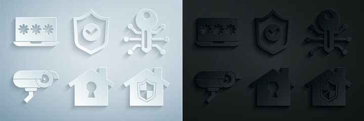 Canvas Print - Set House under protection, Smart key, Security camera, Shield with check mark and Laptop password icon. Vector