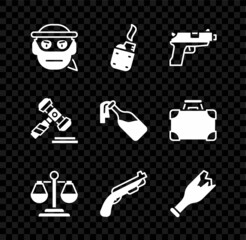 Wall Mural - Set Bandit, Lighter, Pistol or gun, Scales of justice, Police shotgun, Broken bottle as weapon, Judge gavel and Cocktail molotov icon. Vector