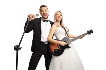 Poster - Beutiful bride playing a guitar and groom singing on a microphone