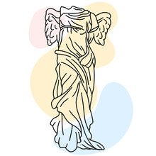 Vector Illustration Of Winged Victory Of Samothrace. Line Drawing Of Greek  With Color Spots Background.
