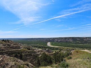 river bend overlook in the north unit of the theodore roosevelt national park in north dakota.