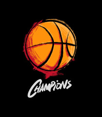 a basketball illustration on a black background with champions is written underneath. the hand-drawn drawing of a sports item collection.