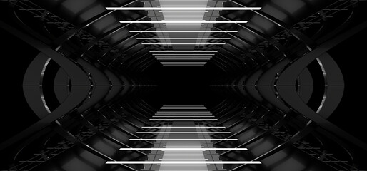 Wall Mural - A dark tunnel lit by white neon lights. Reflections on the floor and walls. 3d rendering image.