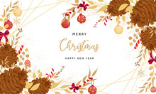 Christmas Card With Gold Leaves And Christmas Ornament