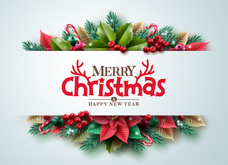 Wall Mural - Merry christmas greeting text vector background. Christmas typography in empty space with xmas garland ornament colorful elements for holiday season card decoration. Vector illustration. 