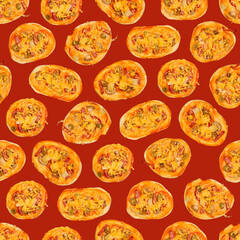 Wall Mural - Pizza seamless pattern.
Pizza is a traditional Italian dish in the form of a round yeast cake baked with a filling. 