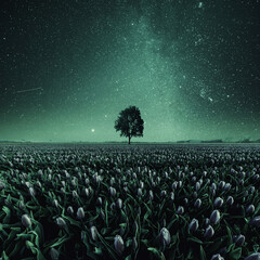 Wall Mural - night field of tulips and lonely tree
