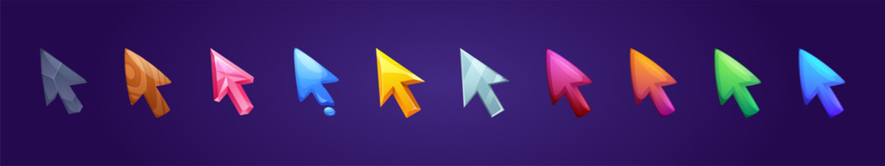 Poster - Set of game arrows, ui or gui interface cursors made of wood, stone, crystal, brilliant and water. Colorful glossy pointers for user navigation, site or application Cartoon vector illustration, icons