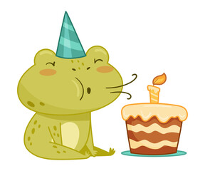 Wall Mural - Cute frog in party hat blowing candle on birthday cake. Green funny amphibian toad character cartoon vector illustration