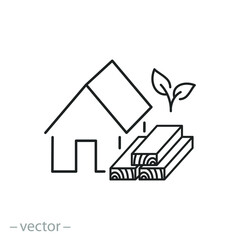 eco clean home icon, wood house with log lumber, timber stack, wooden building material, thin line symbol on white background - editable stroke vector illustration eps10