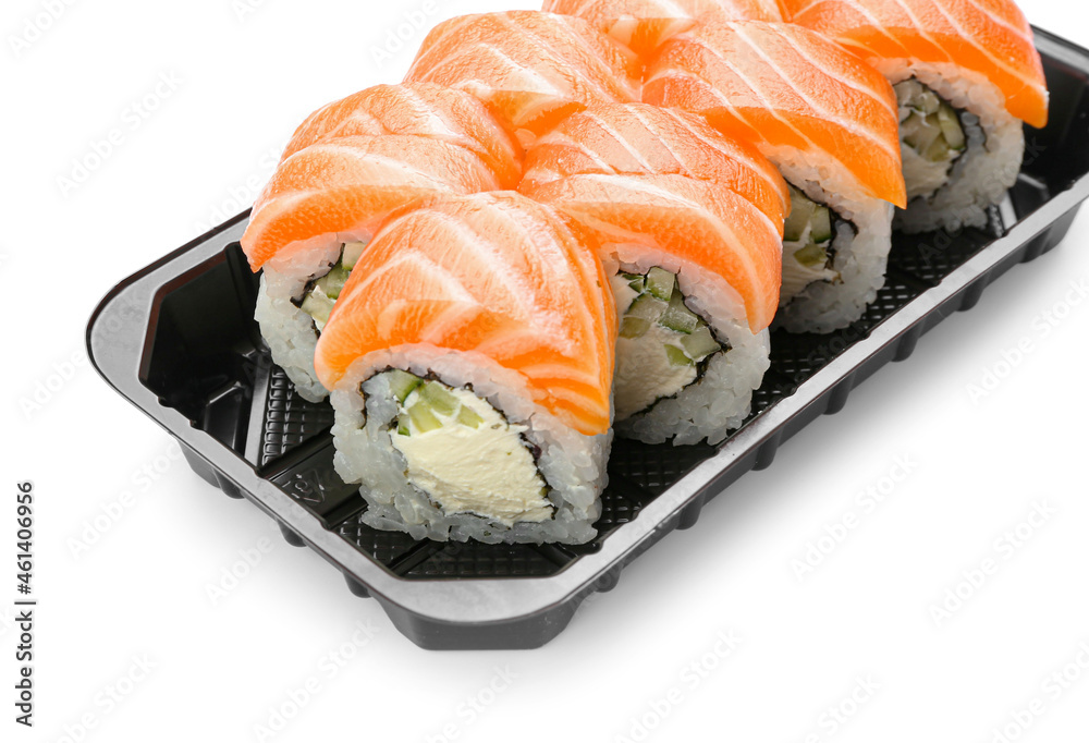 Set of delicious sushi rolls on white background