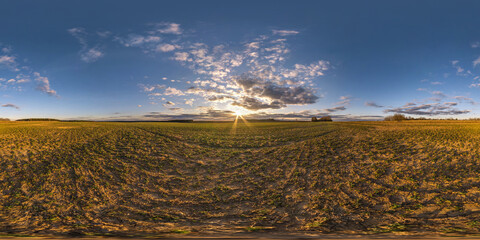 Wall Mural - evening hdri panorama 360 view among farming fields with sunset clouds in equirectangular spherical projection, ready for VR AR virtual reality content