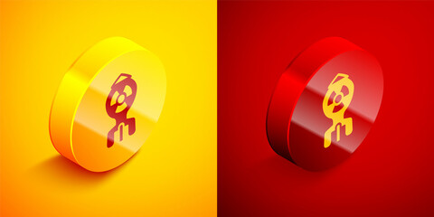 Poster - Isometric Nuclear bomb icon isolated on orange and red background. Rocket bomb flies down. Circle button. Vector