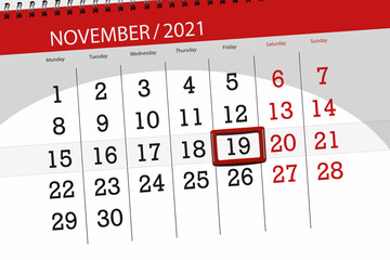 Calendar planner for the month november 2021, deadline day, 19, friday