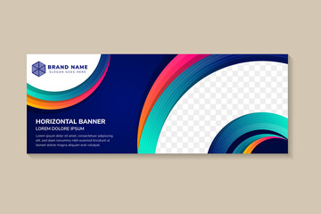 Poster - Vector template illustration of blue colorful abstract composition with text on dark background, horizontal format. Business event concept. Gradient art design modern style banner with photo space.