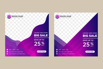 Poster - Social Media Advertising Banner Layouts Set With Gradient Wave Elements. Collection Of Bright Vector Background. Summer Sale Square Pack. photo collage. gradient blue and purple colors.