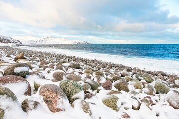 Wall Mural - beautiful north sea in winter. landscape of the winter sea. coast of the arctic ocean in winter.