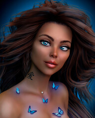 Sticker - Portrait of a beautiful girl with long hair. Young woman with butterflies. 3D illustration