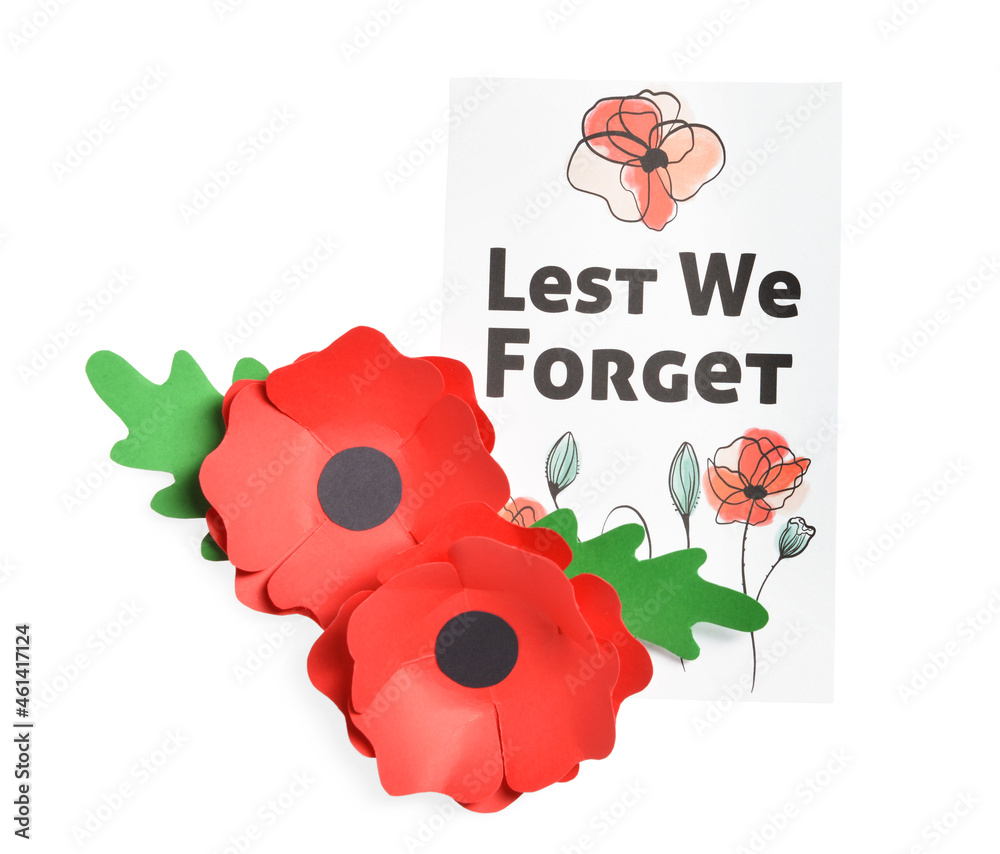 Remembrance Day in Canada. Red poppy flowers with card on white background