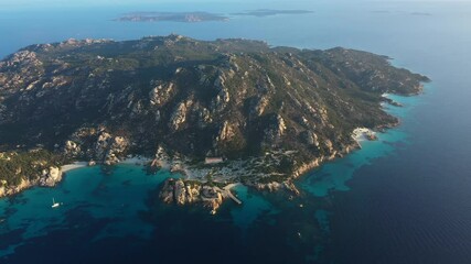 Wall Mural - View from above, stunning aerial view of Spargi Island with Cala Corsara, Cala Soraya and some other beaches bathed by a turquoise water. La Maddalena archipelago National Park, Sardinia, Italy.