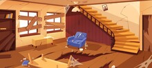 Inside Empty Abandoned Room In Desolated House. Destroyed Home Interior With Broken Staircase, Cracked Wall And Boarded Window. Dirty, Dilapidated And Damaged Indoor. Colored Flat Vector Illustration