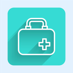 Sticker - White line First aid kit icon isolated with long shadow background. Medical box with cross. Medical equipment for emergency. Healthcare concept. Green square button. Vector