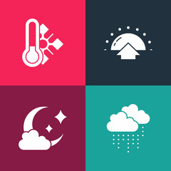 Wall Mural - Set pop art Cloud with rain, moon, Sunrise and Meteorology thermometer icon. Vector