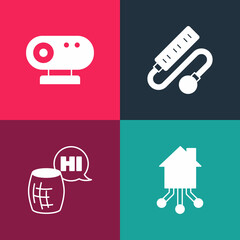 Poster - Set pop art Smart home, Voice assistant, Electric extension cord and Web camera icon. Vector