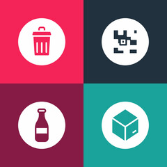 Sticker - Set pop art Carton cardboard box, Bottle, QR code and Trash can icon. Vector