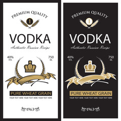 Poster - collection of vodka labels with royal crown and ears of wheat in retro style