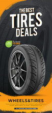 Tyre flyer. Discount promotion. Web design element. Promo banner. Tyre wheel car vector. Tyre car advertisement poster. Black rubber tyre. Sale. Eco drive program.