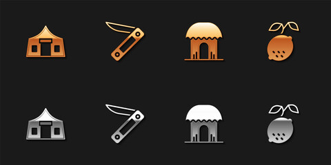 Sticker - Set Tourist tent, Swiss army knife, African hut and Lemon icon. Vector