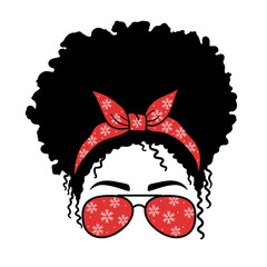 Wall Mural - Christmas Mom. Woman face with aviator glasses bandana and snowflakes  print. Messy Bun Mom Lifestyle.  Afro Women. Isolated on white background. Good for posters, t shirts, postcards.